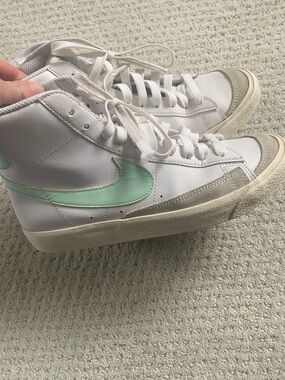 Nike Blazer White High-Top Sneakers with Mint Swoosh, 6Y(women’s 7.5)